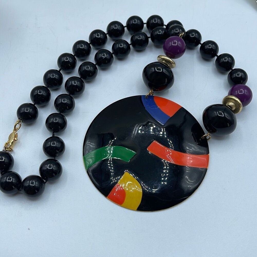 Vintage enamel disk beaded bold abstract necklace.